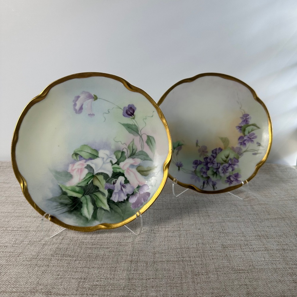 Antique J&C Louise Bavaria Floral Plates | Pair Hand Painted Porcelain | c. 1912